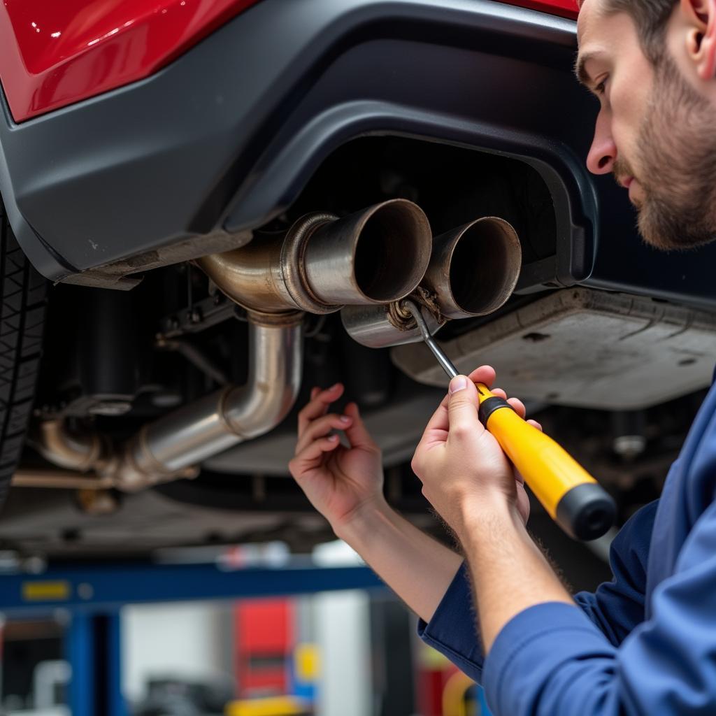 Mechanic inspecting a car's exhaust system for heat issues