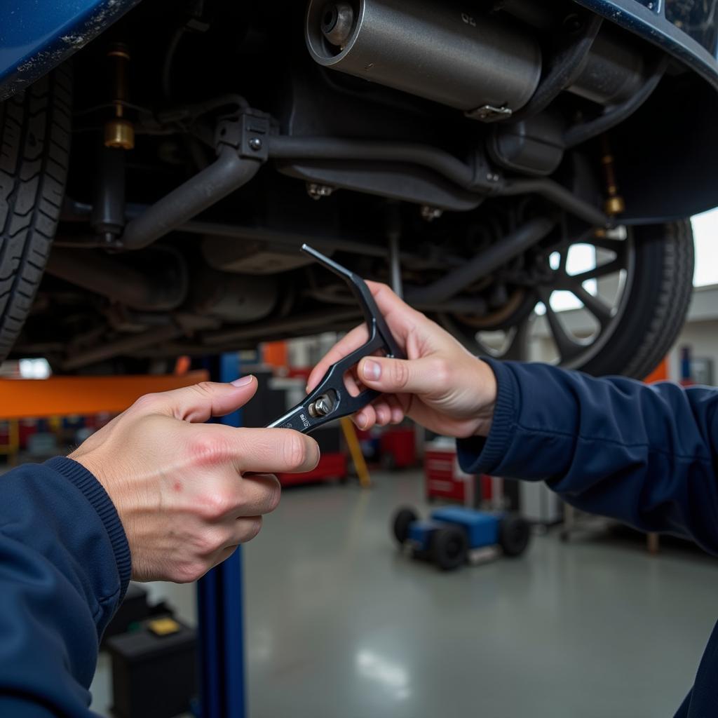 Mechanic inspecting car frame for damage