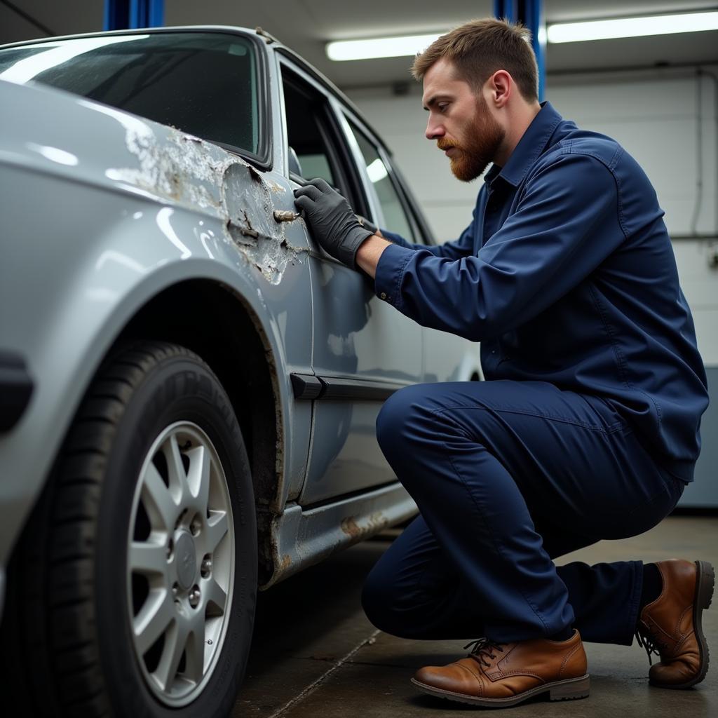 Mechanic Inspecting a Car After Accident Repair