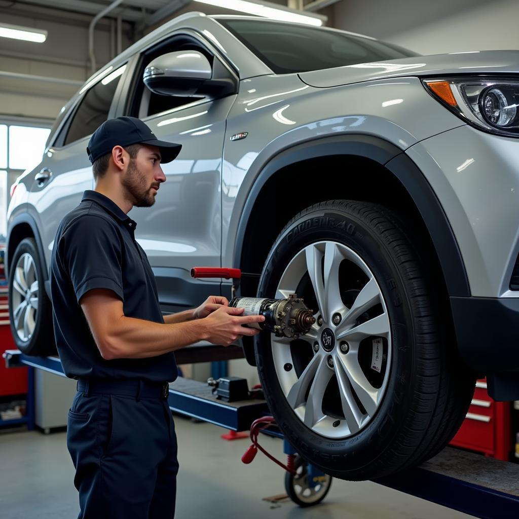 Mechanic inspecting car starter motor