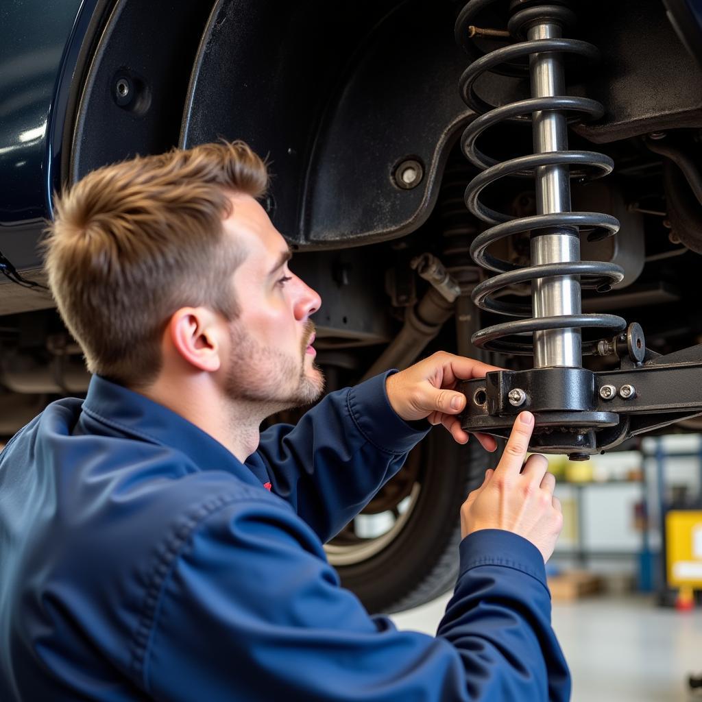 Mechanic Inspecting Car Suspension