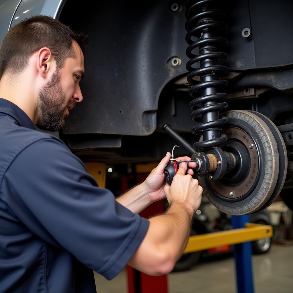 Mechanic Inspecting Car Suspension