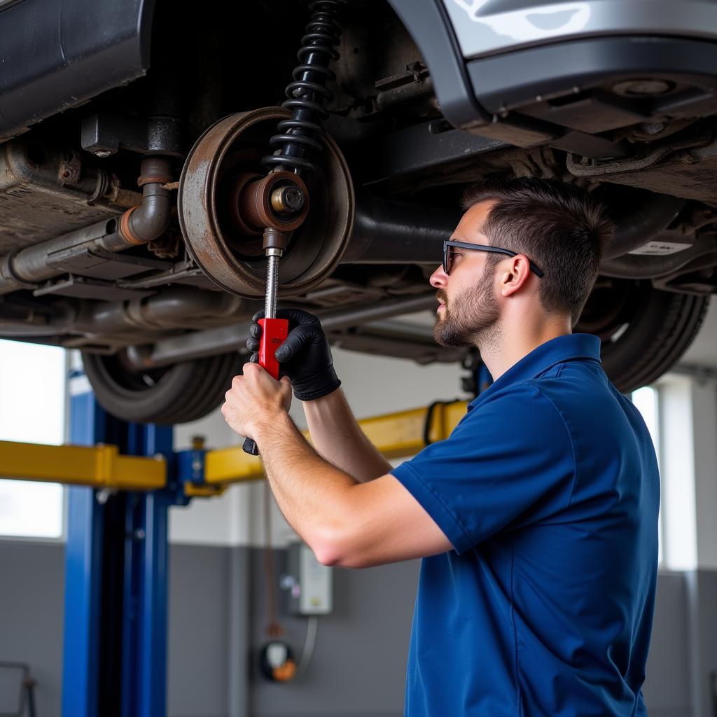 Mechanic Inspecting Car Suspension