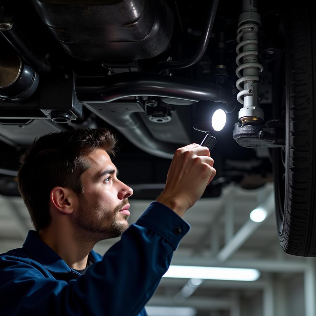 Mechanic Inspecting Car Suspension