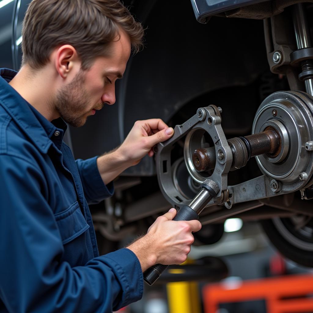 Mechanic Inspecting Car Suspension