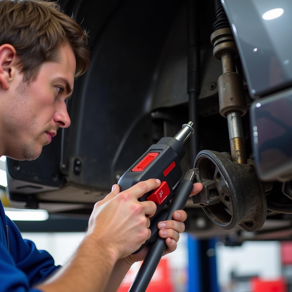 Mechanic Inspecting Car Suspension System