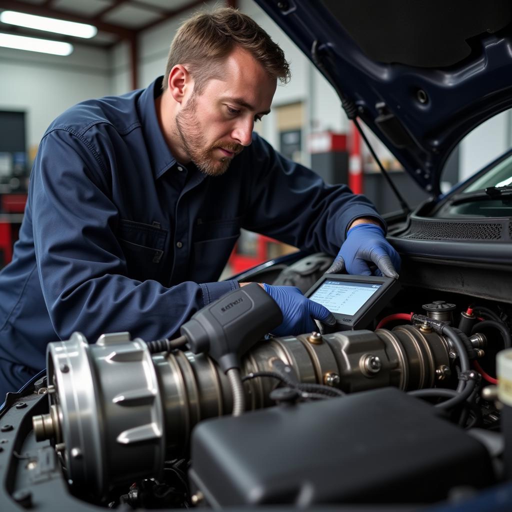 Mechanic inspecting a car's transmission in a repair shop.