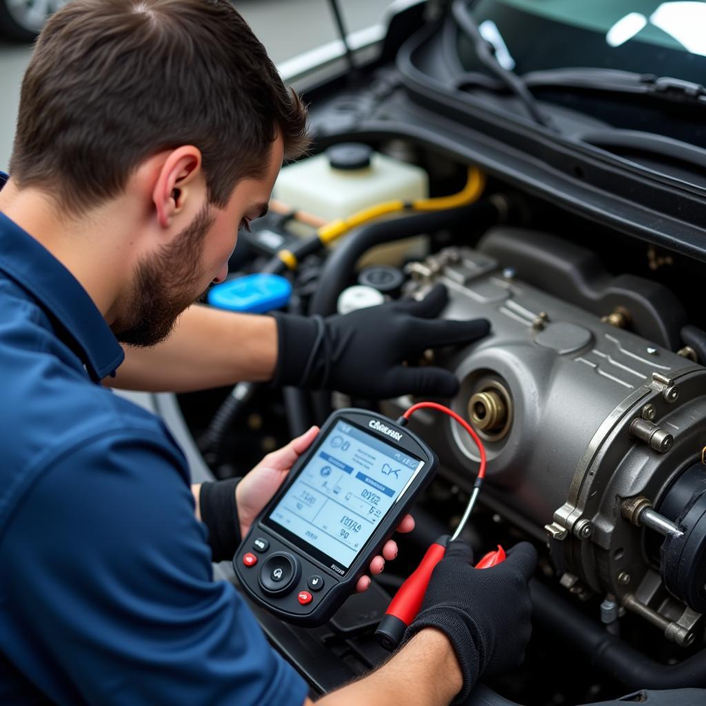 Mechanic Inspecting Car Transmission