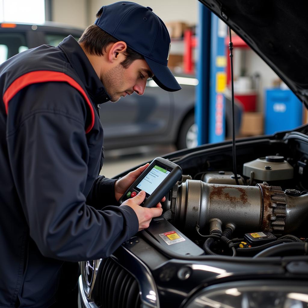 Mechanic Inspecting Car Transmission