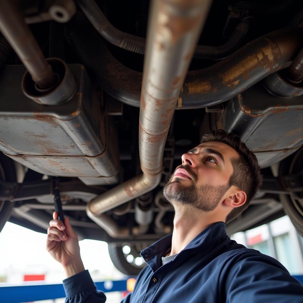 Mechanic Inspecting Car Undercarriage for Rust and Damage