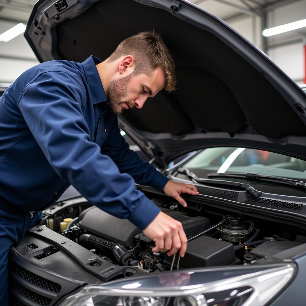 Mechanic performing a visual inspection of the engine bay