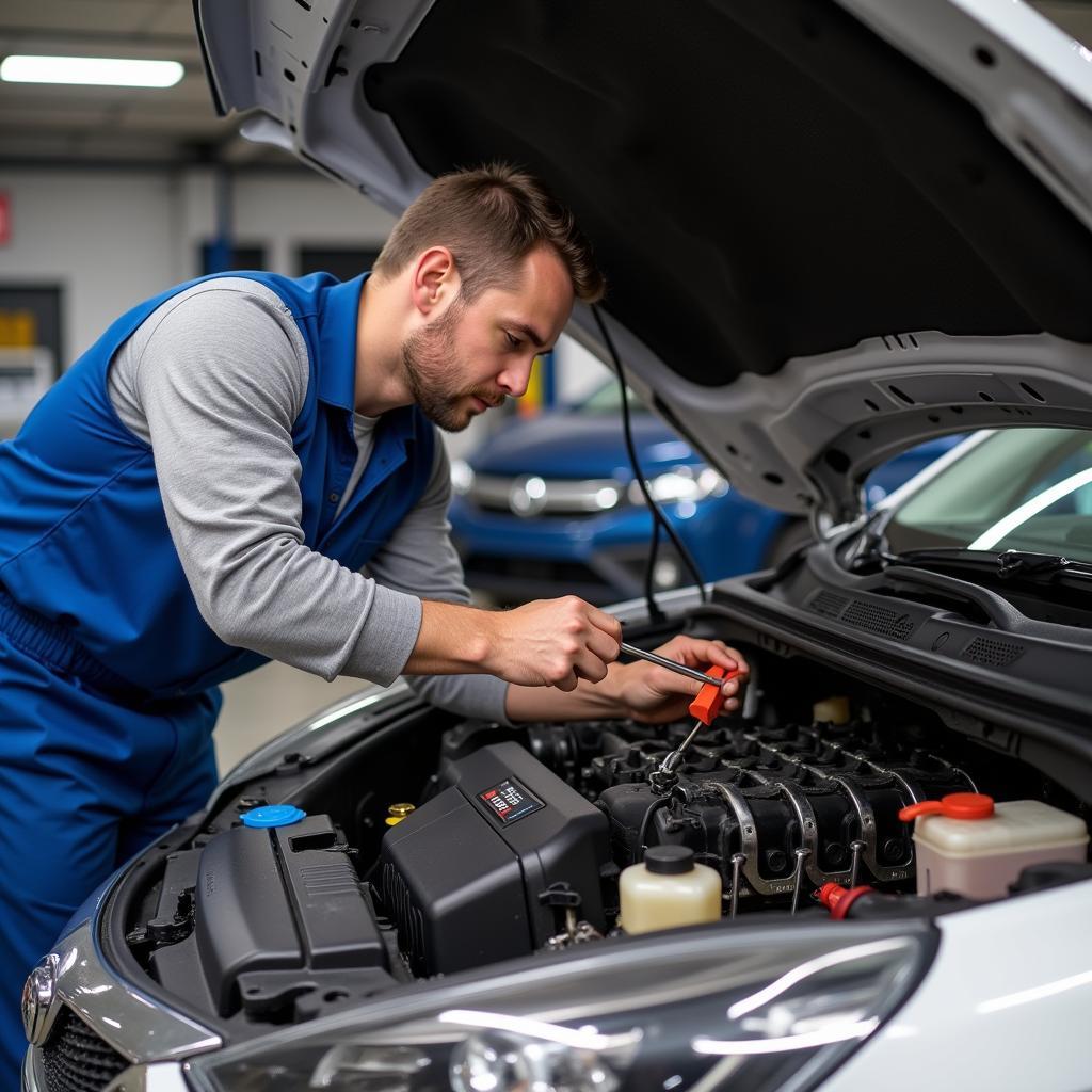 Mechanic Inspecting Flooded Car Engine: Checking for Water Damage