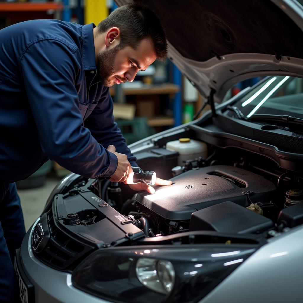 Mechanic inspecting a car radiator for leaks