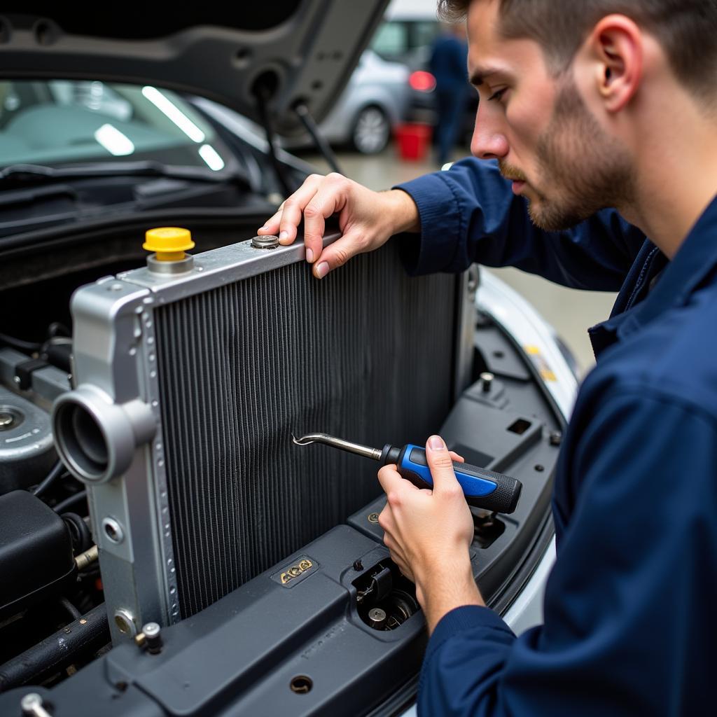 Mechanic Inspecting Radiator of Overheating Car