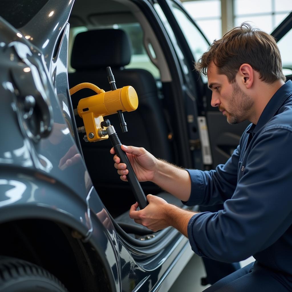 Mechanic Inspecting a Repaired Car for Structural Damage