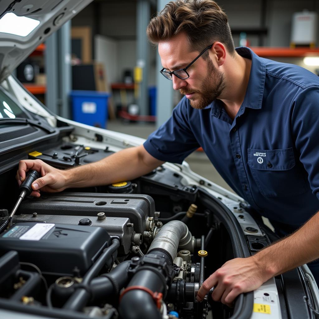 Mechanic inspecting the engine of a salvaged car