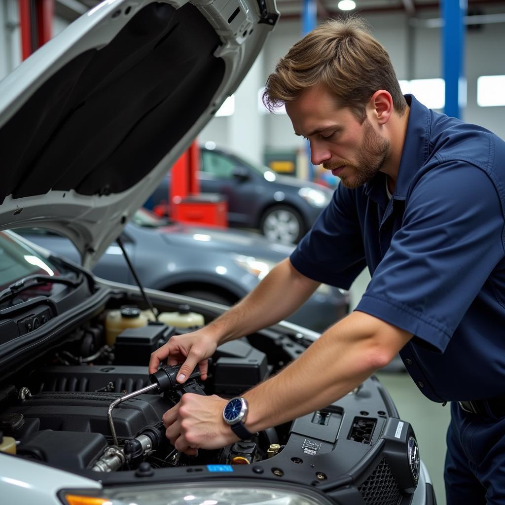 Mechanic Inspecting Salvage Title Car Engine