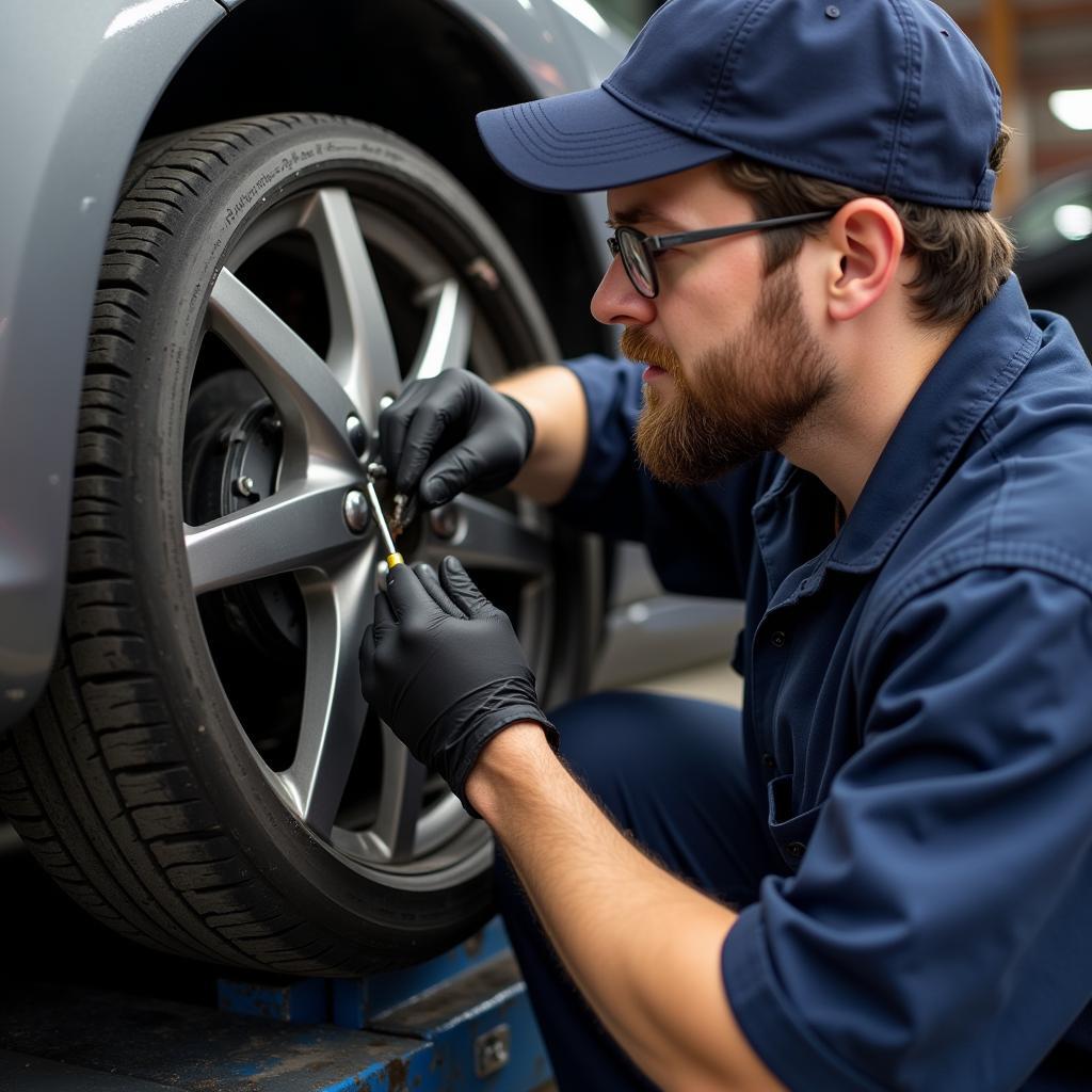 Mechanic Inspecting Car Steering Wheel