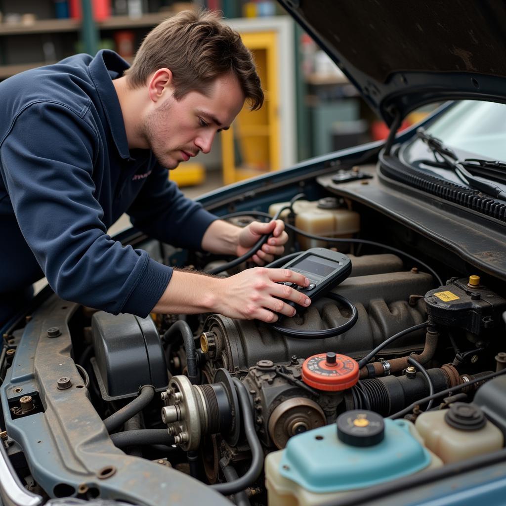 Mechanic Inspecting a 10-Year-Old Car Engine