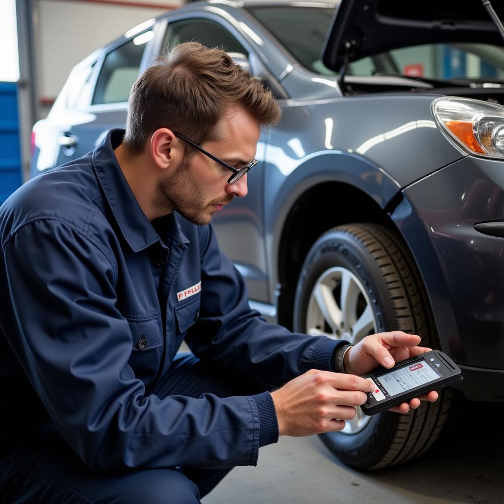 Mechanic Inspecting a Totalled Car for Repair Estimate