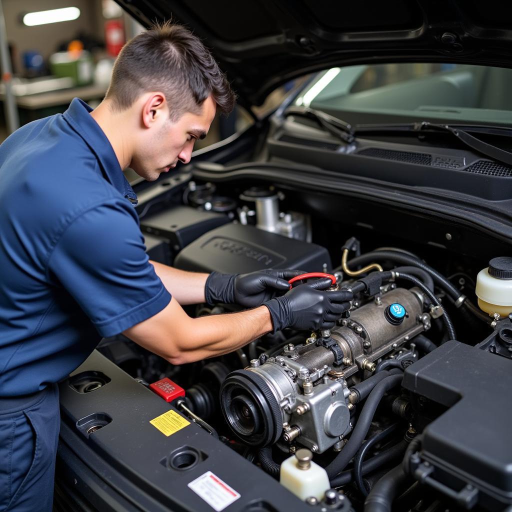 Mechanic Inspecting Transmission