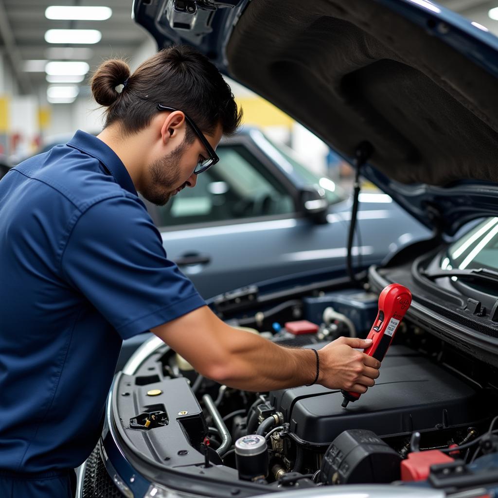 Mechanic Inspecting a Used Car Engine