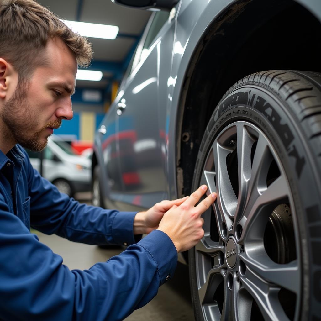 Mechanic inspecting a car wheel for damage