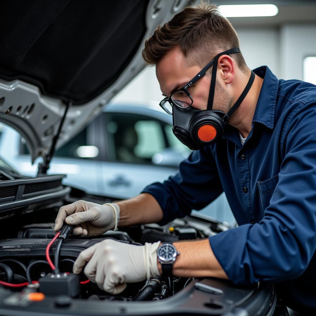 Mechanic performing car AC repair with proper safety gear