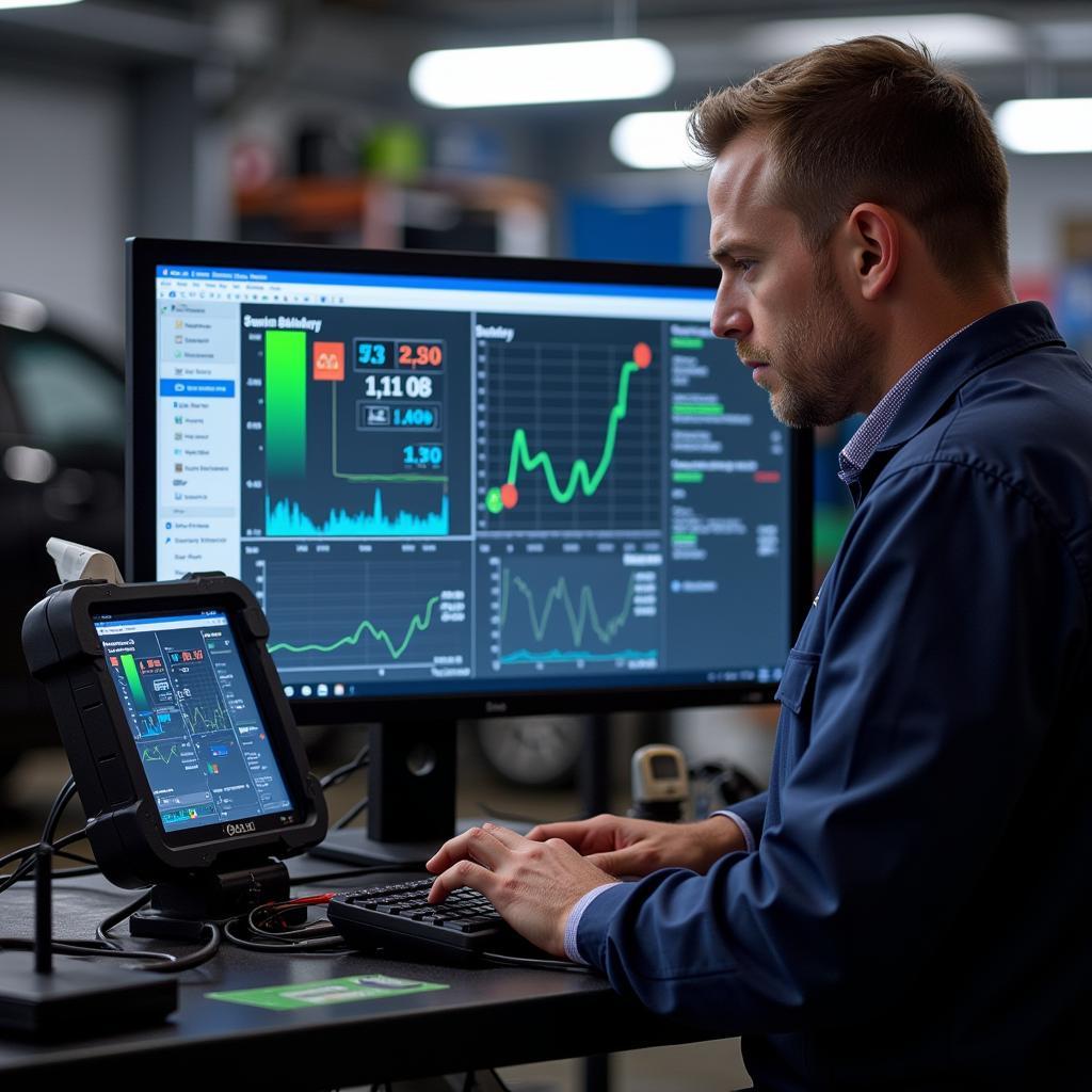 Mechanic Performing Car Battery Test in Workshop