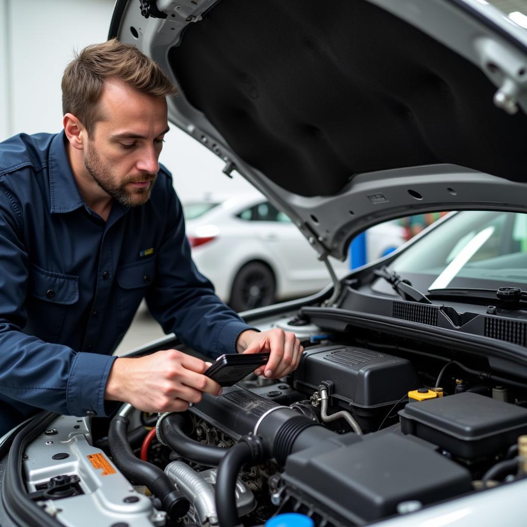 Experienced mechanic performing a thorough car inspection