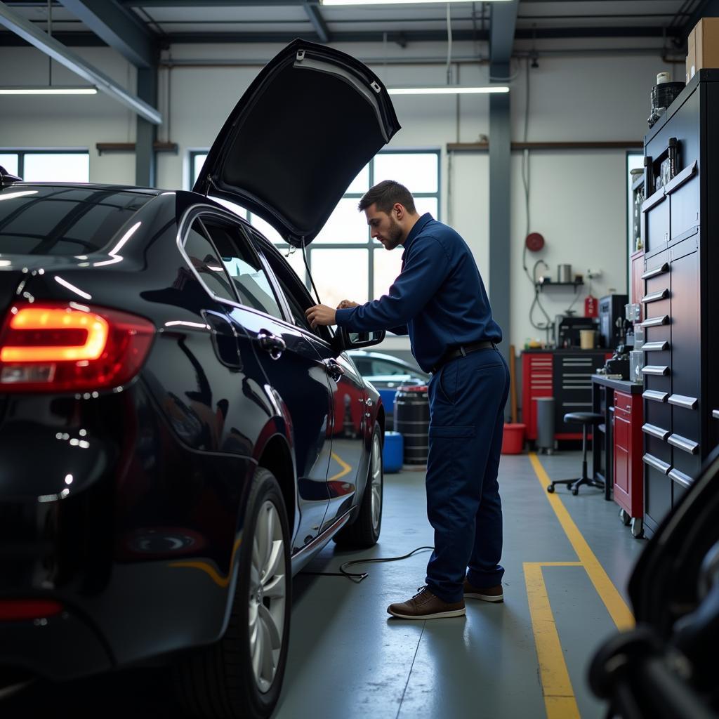 Mechanic Performing Car Maintenance in a Garage