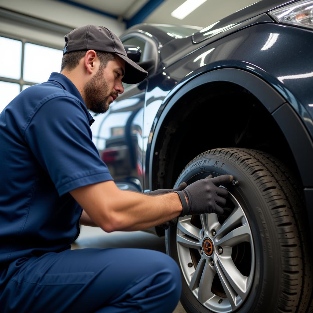 Mechanic performing routine car maintenance