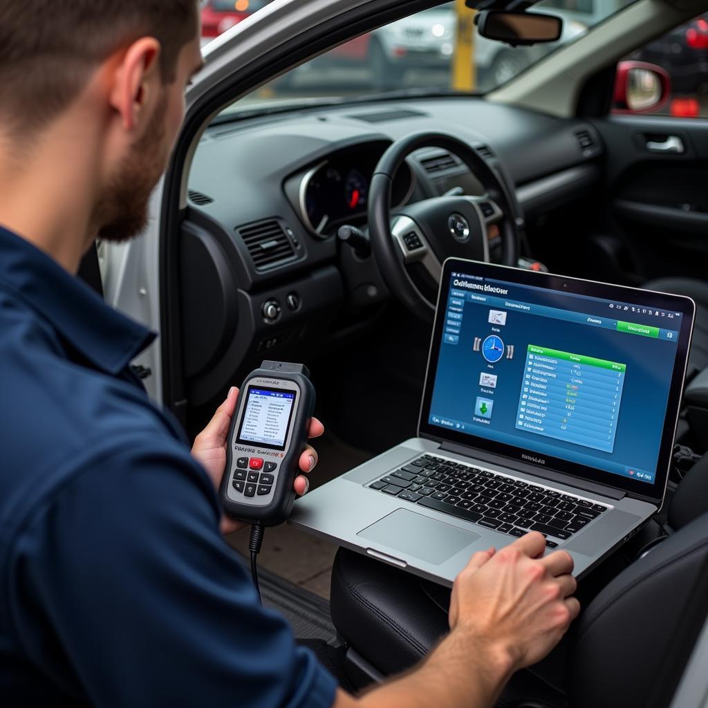 Mechanic Performing a Diagnostic Scan on a Car