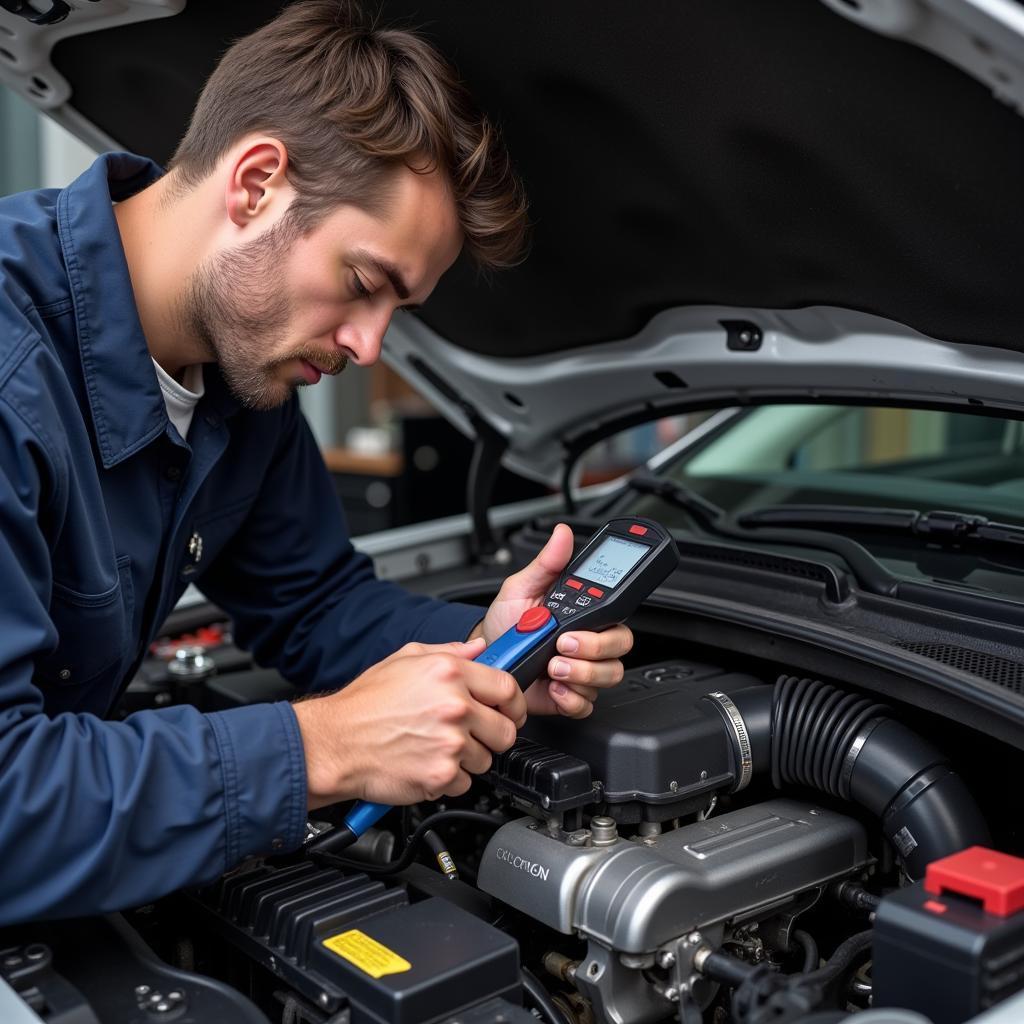 Mechanic performing second opinion engine diagnosis