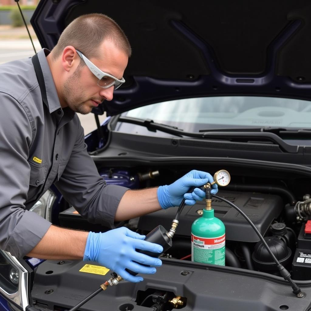 Mechanic Recharging Car AC Refrigerant