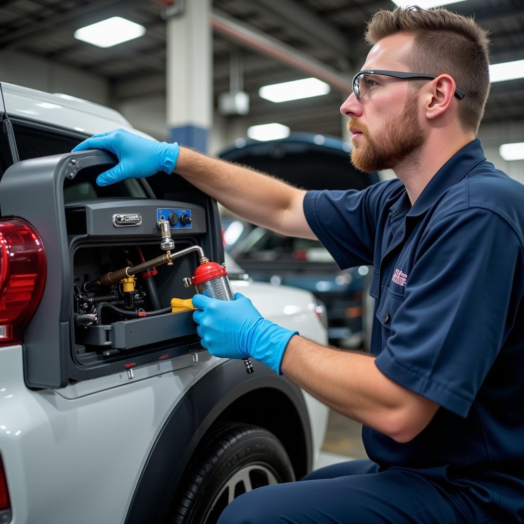 Mechanic Recharging Car AC System with Refrigerant