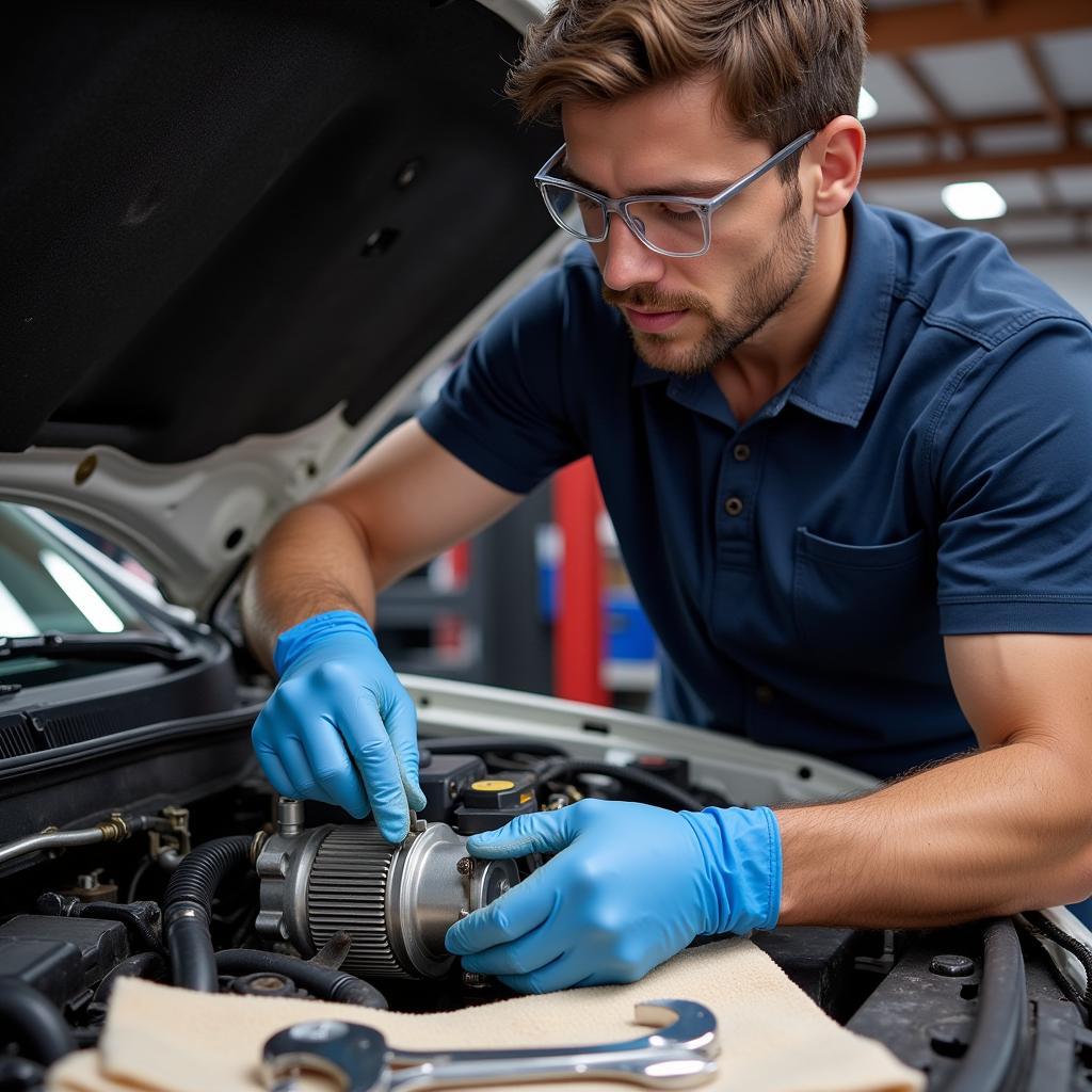 Mechanic Repairing Car AC Compressor