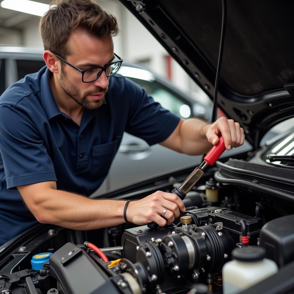 Mechanic Repairing Car AC Compressor