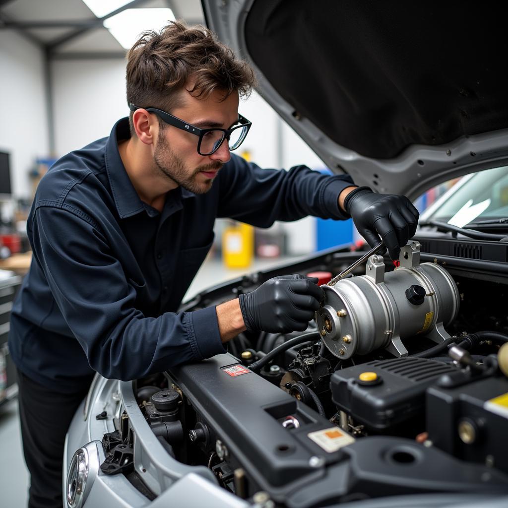 Mechanic Repairing Car AC Compressor