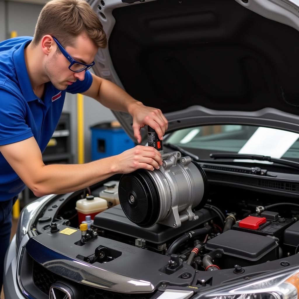 Mechanic Repairing Car AC Compressor