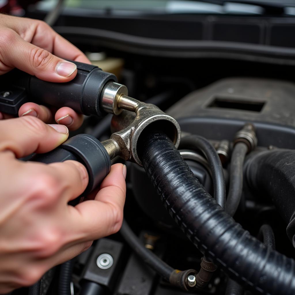 Mechanic repairing a car AC hose