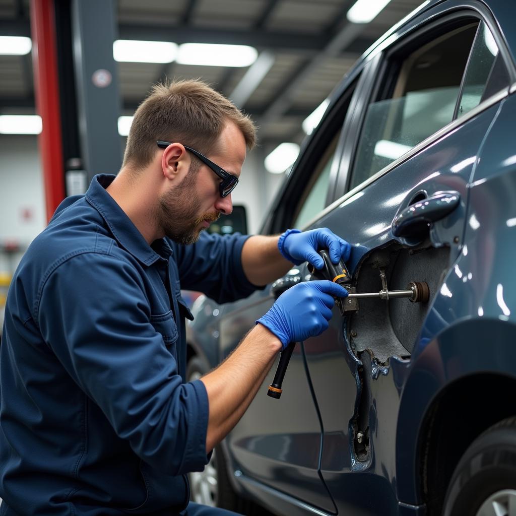 Mechanic repairing car body damage