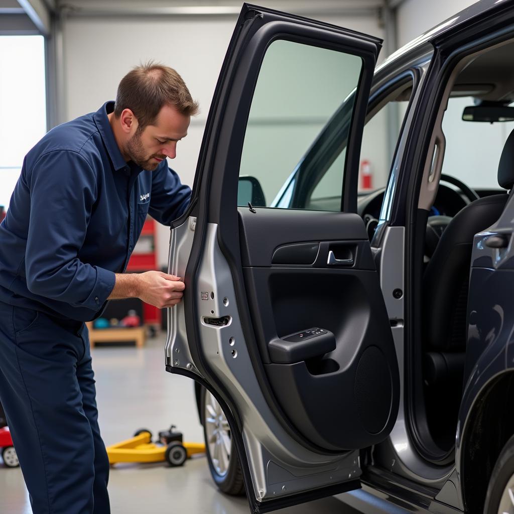 Mechanic repairing car door sliding glass mechanism