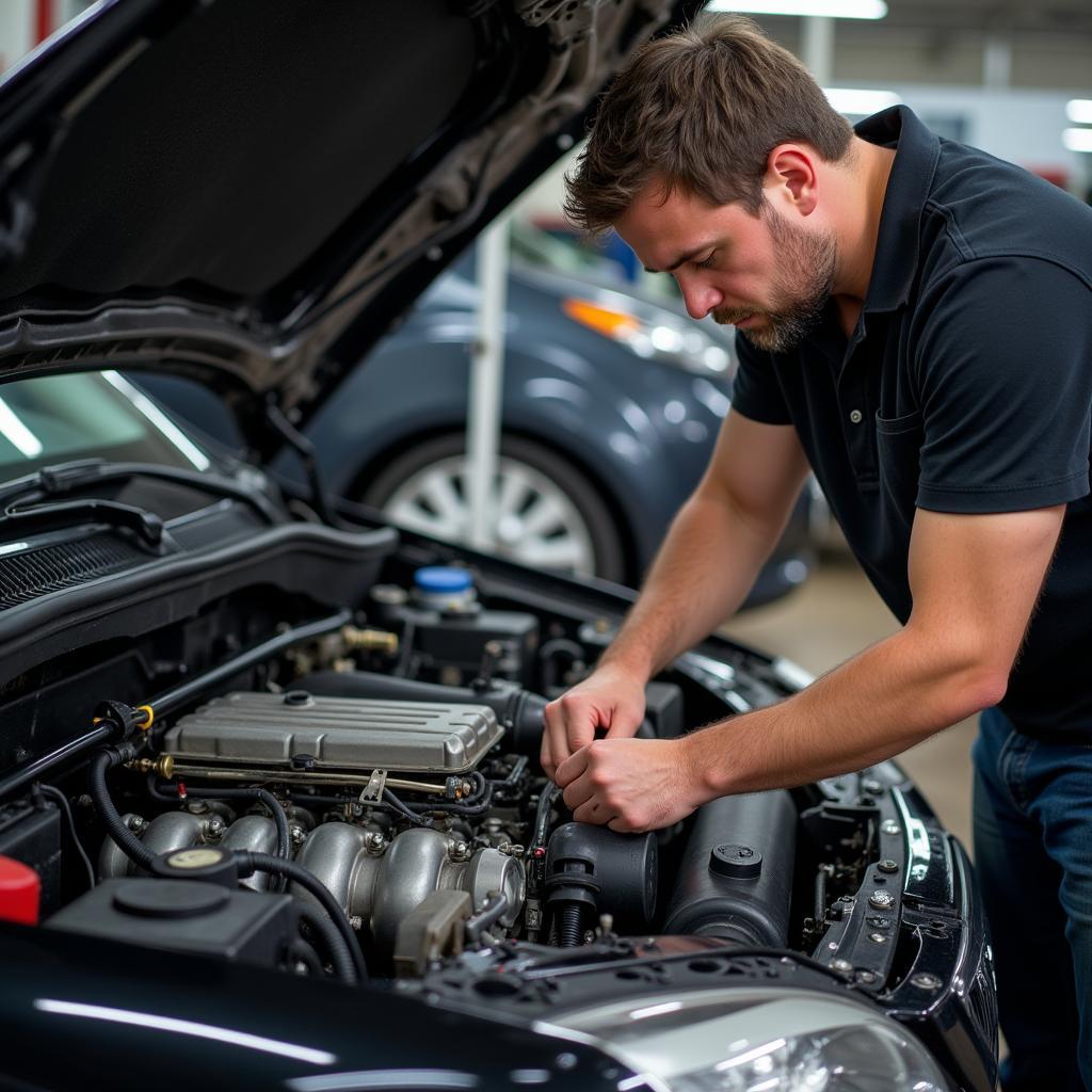 Mechanic repairing a car engine in a workshop