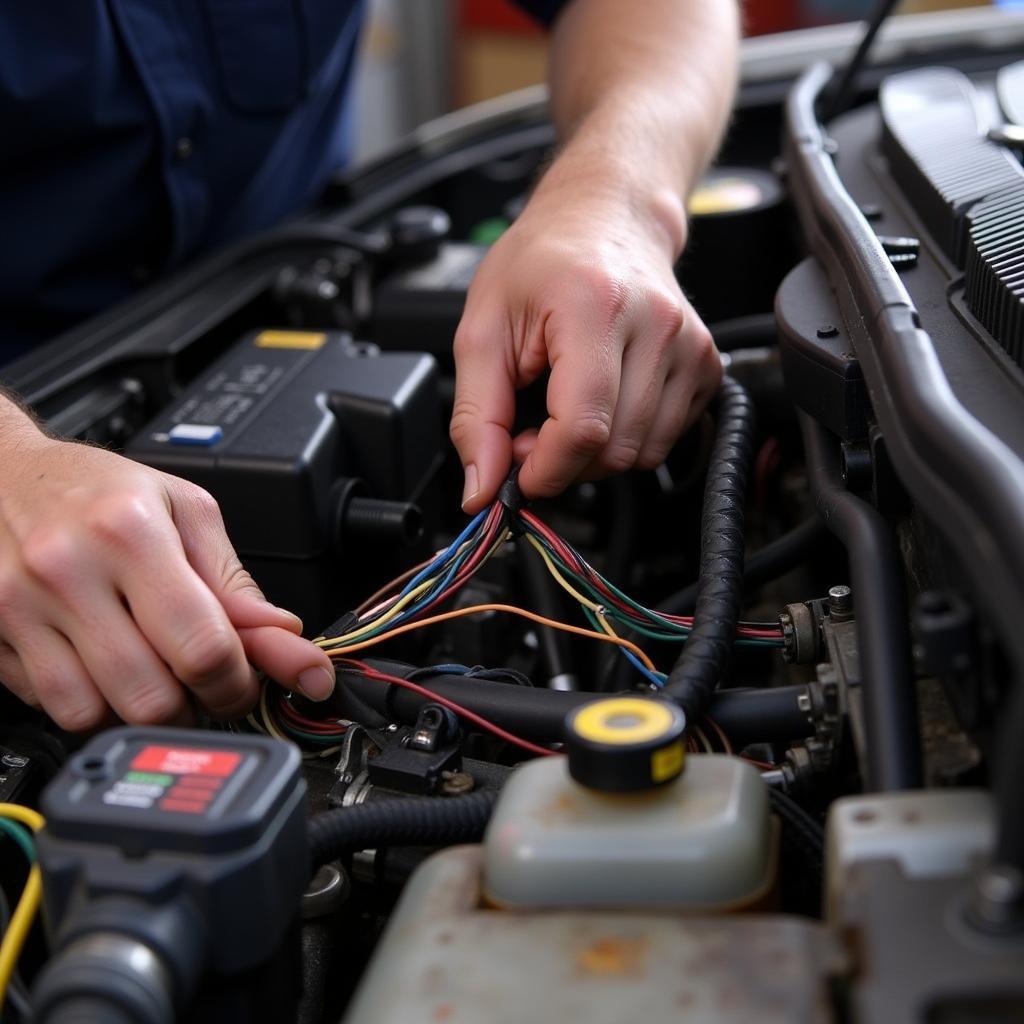 Mechanic Repairing Car Wiring Harness for Nokia 2600 Symbol Issue