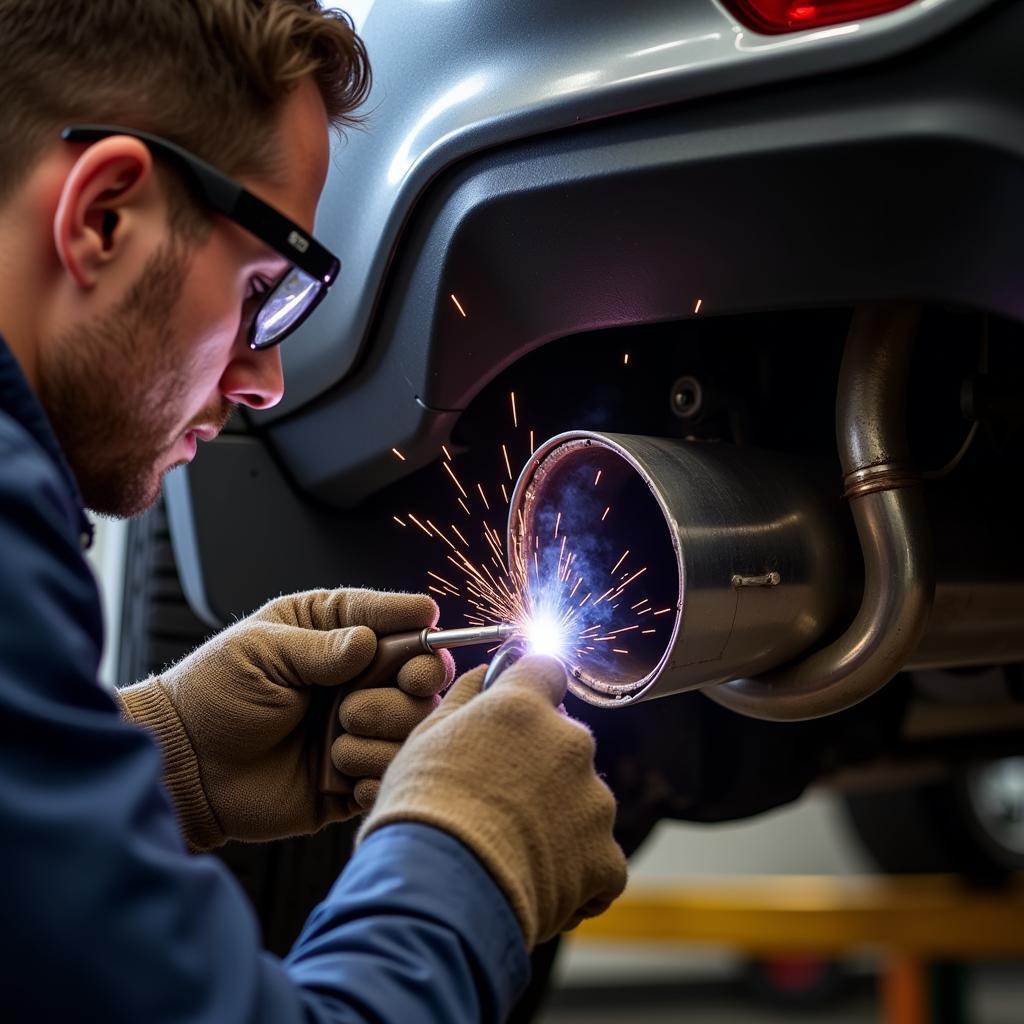 Mechanic Repairing a Hole in a Car's Exhaust Pipe