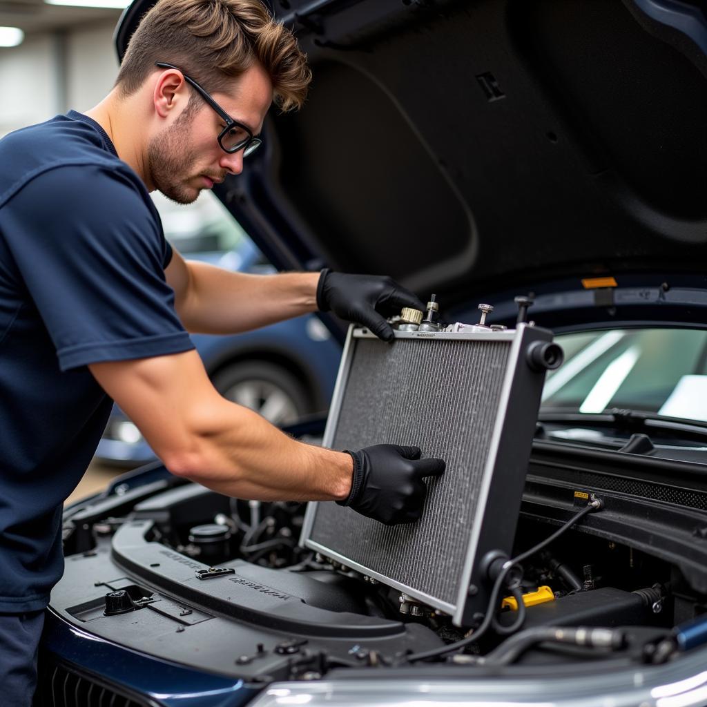 Mechanic Replacing a Car Radiator