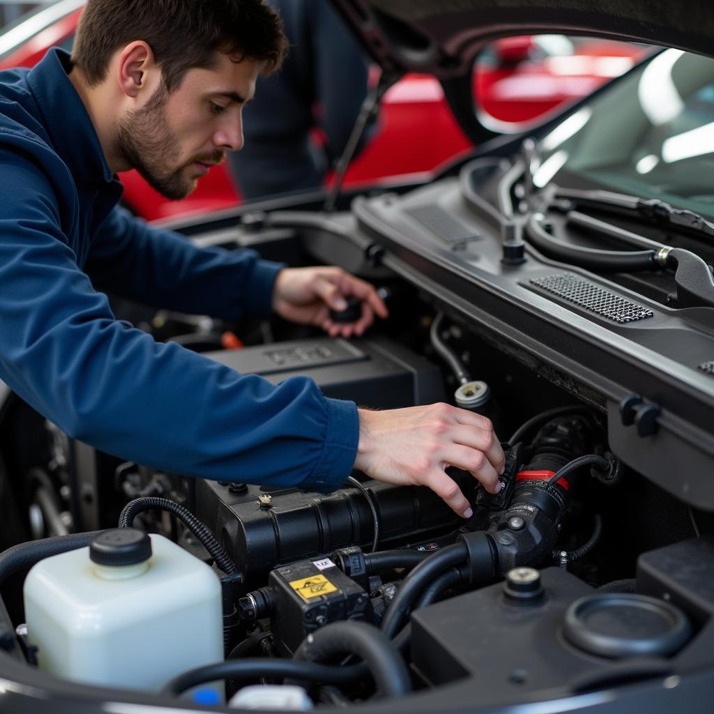 Mechanic Replacing a Car Sensor