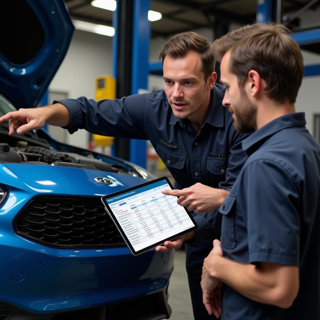 Mechanic Reviewing Car Maintenance History on Tablet