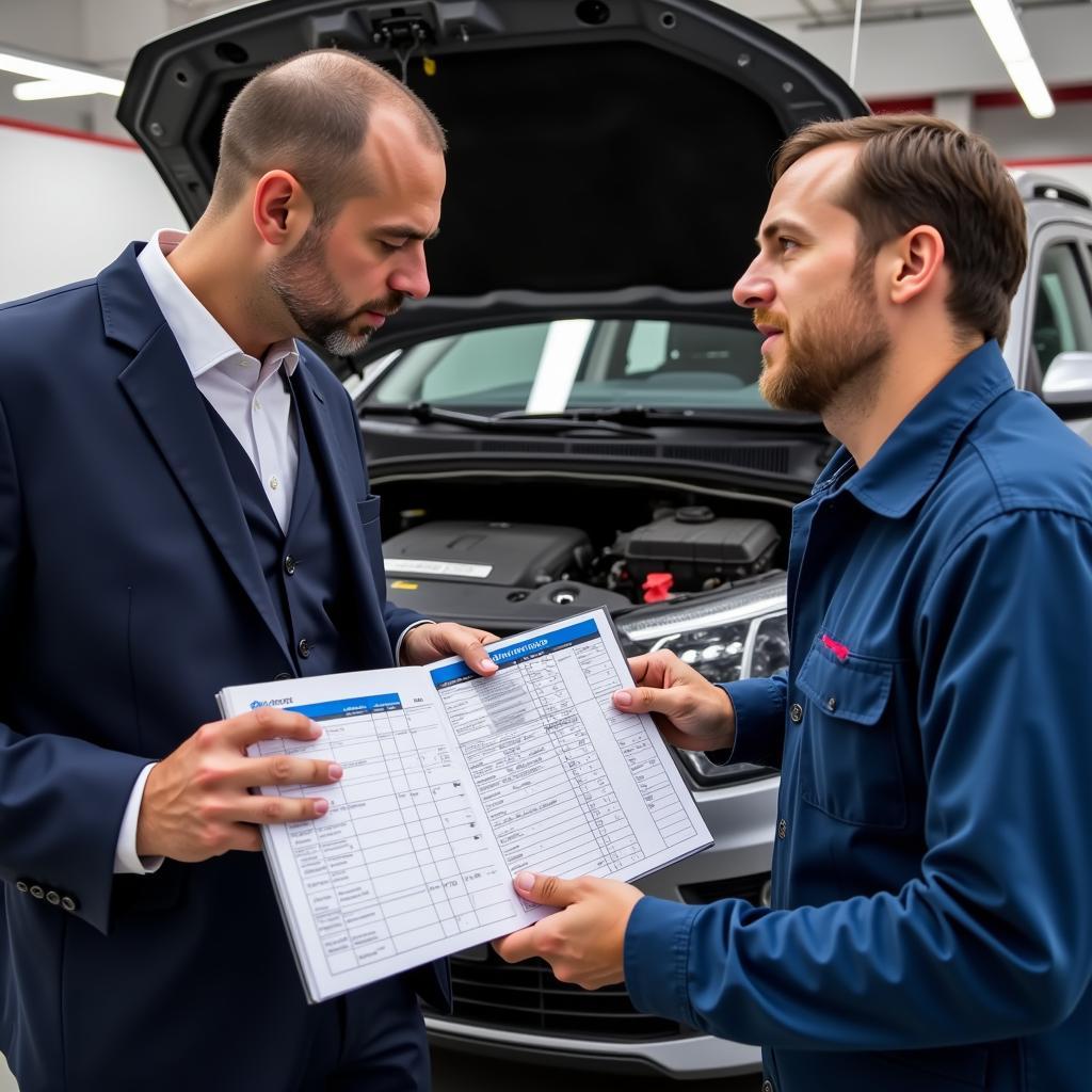 Mechanic Reviewing Car Maintenance Log with a Customer